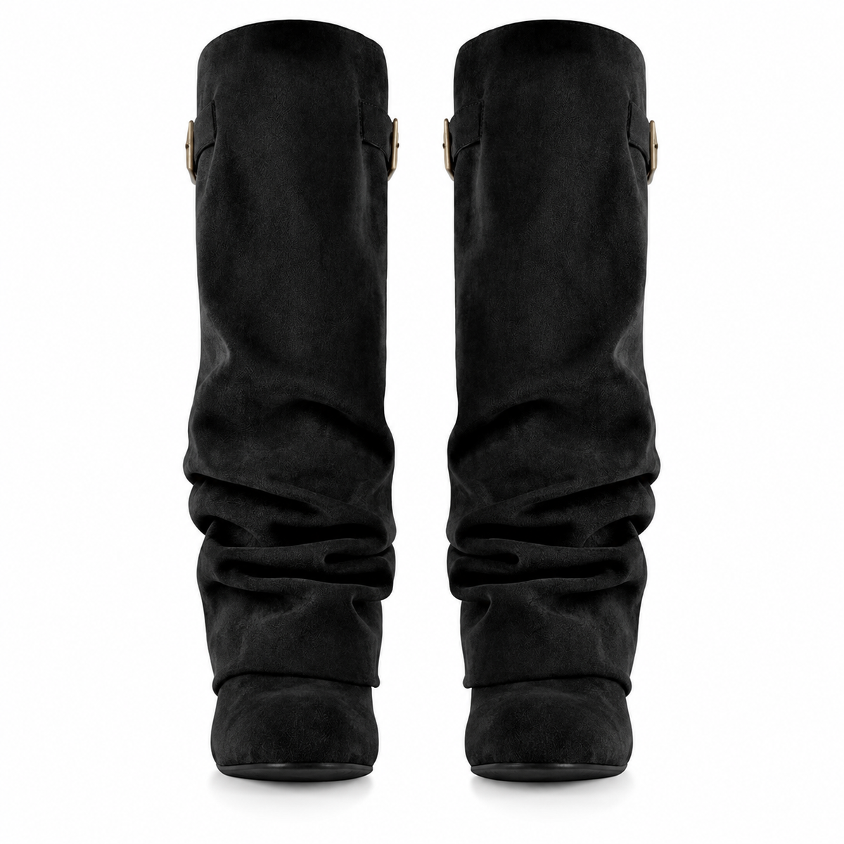Black women's Velmorie slouch knee-high boots by Bootara featuring suede-look material, buckle detail, and round toe, available in US 4-10.5.