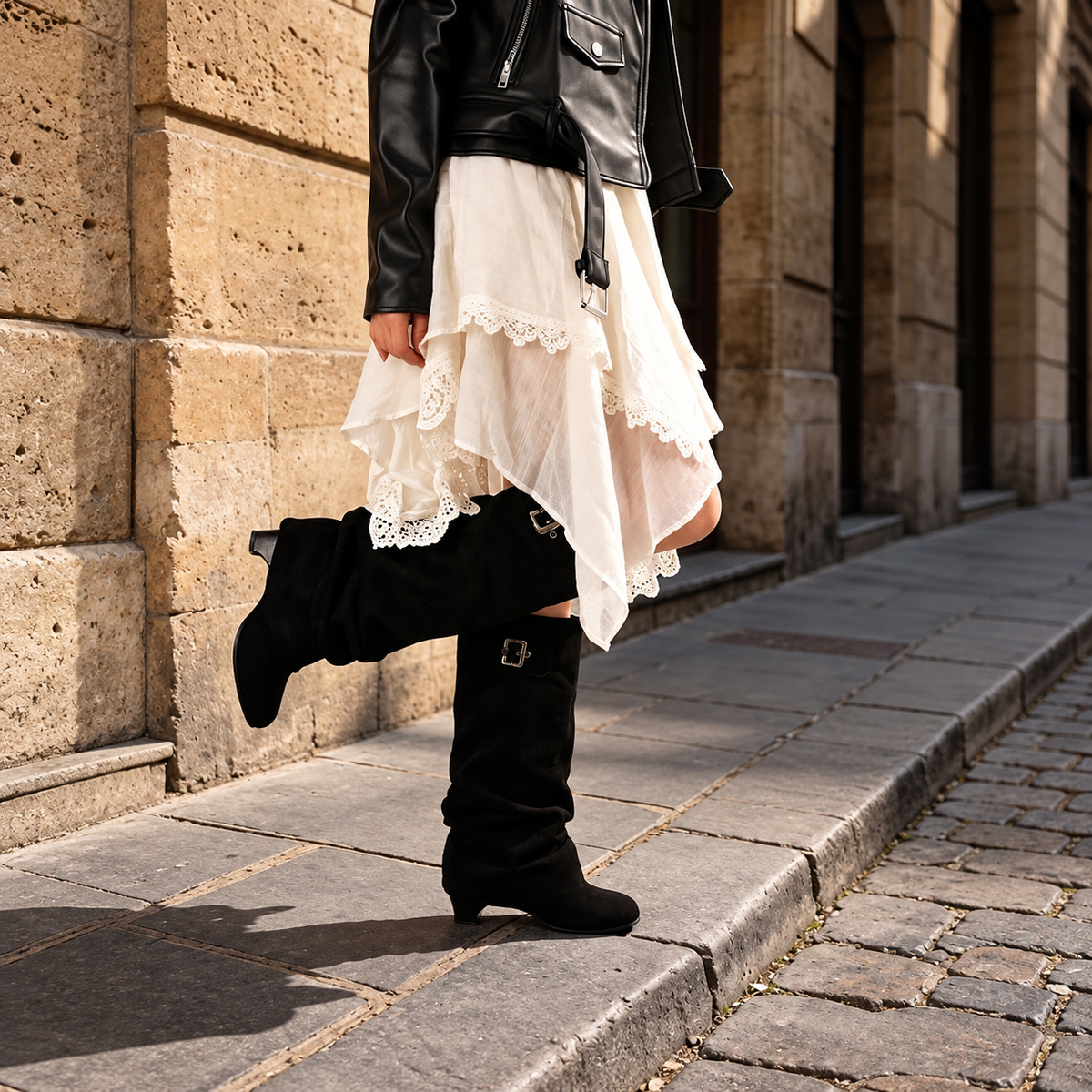 Black women's Velmorie slouch knee-high boots by Bootara with suede look, buckle detail, and round toe, available in US sizes 4-10.5