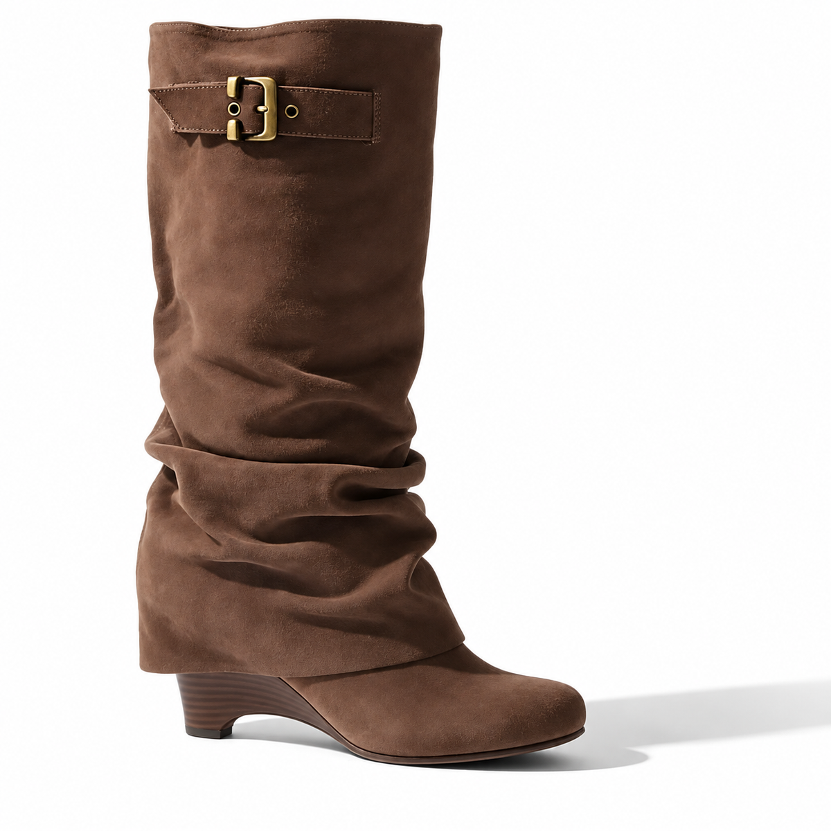 Women's Velmorie slouch knee-high boots by Bootara in coffee suede-look with buckle detail and round toe, available in US 4-10.5.