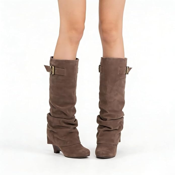 Women's Velmorie slouch knee-high boots by Bootara in coffee suede-look with buckle detail and round toe, available in US sizes 4-10.5.