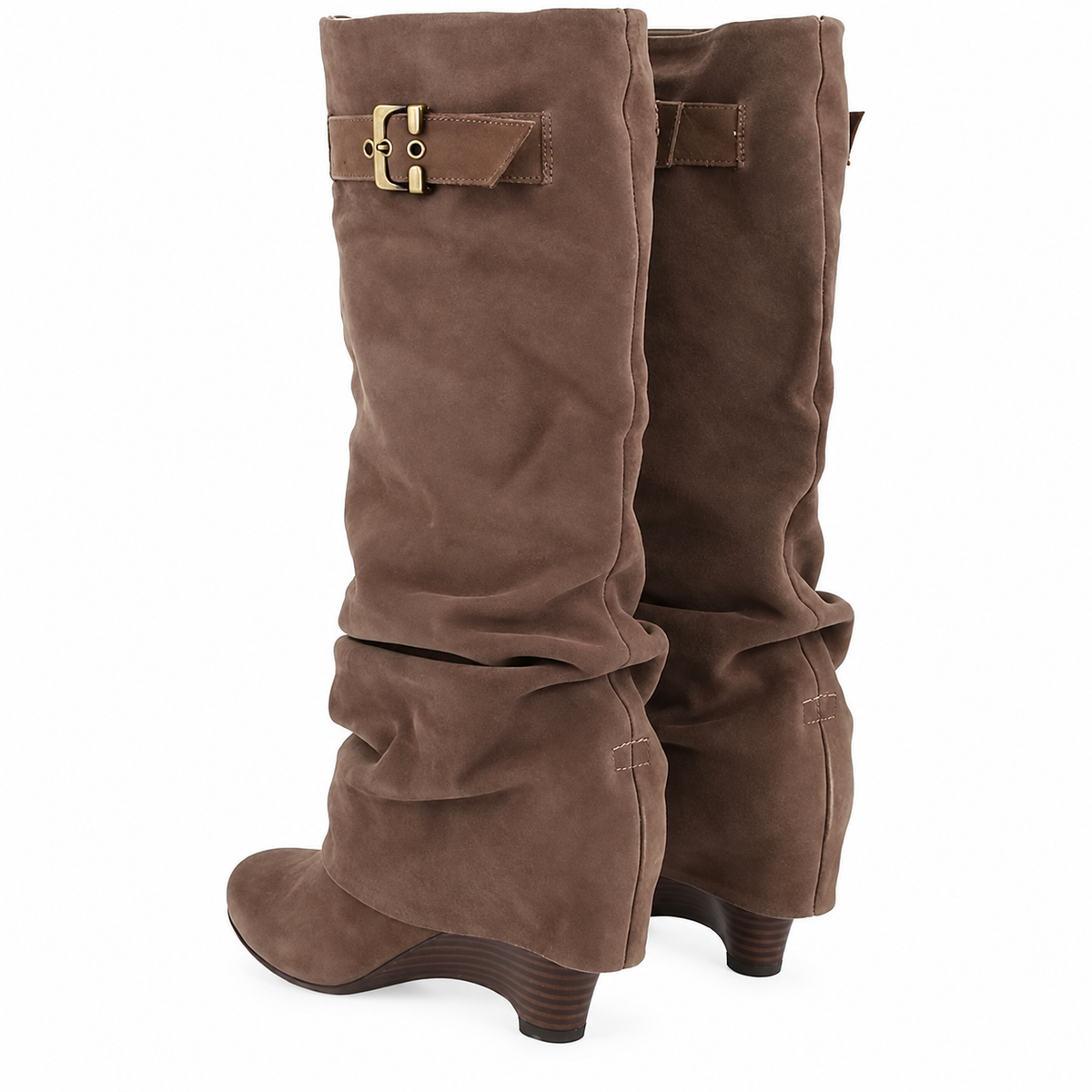 Women's Velmorie slouch knee-high boots by Bootara with buckle detail, suede-look finish, and round toe in coffee color.