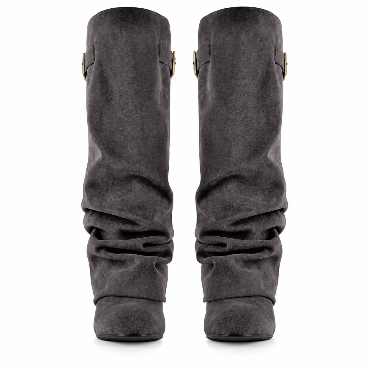 Women's Velmorie slouch knee-high boots by Bootara in dark gray suede-look with buckle detail and round toe, available in US sizes 4-10.5.