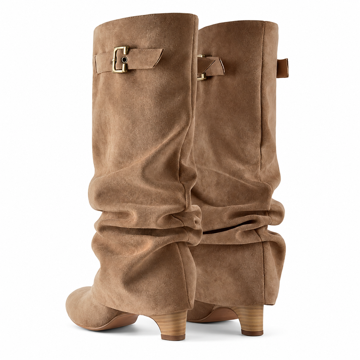 Women's Velmorie slouch knee-high boots by Bootara in khaki suede-look with buckle detail and round toe, available in US sizes 4-10.5.