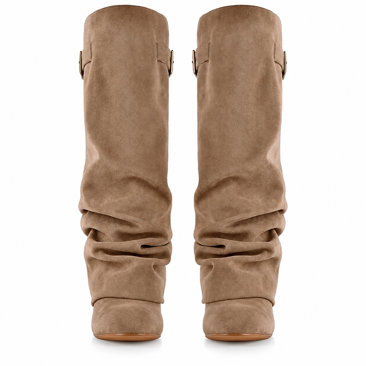 Women's Velmorie slouch knee-high boots by Bootara in khaki suede-look material with buckle detail and round toe design.