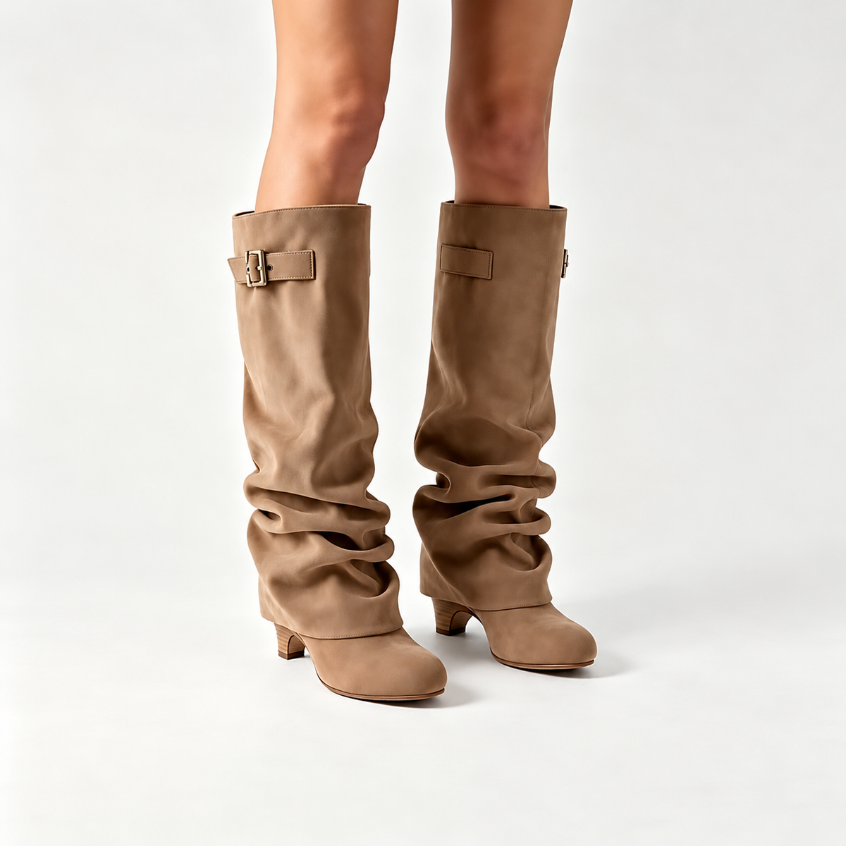 Women's Velmorie slouch knee-high boots by Bootara in khaki suede look with buckle detail and round toe, available in US sizes 4-10.5.