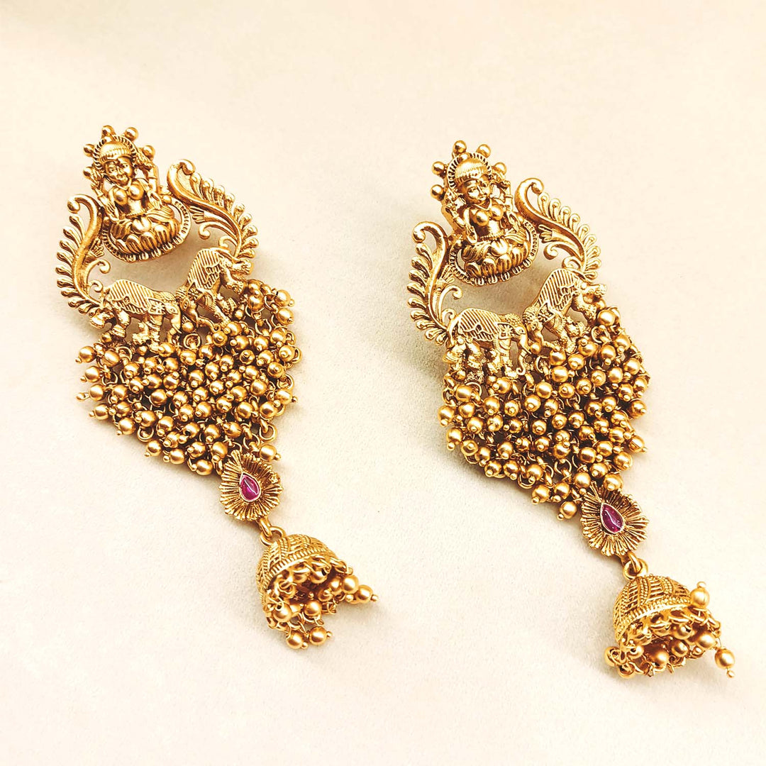 Mahima Ruby Stone Gold Plated Antique Temple Jhumki