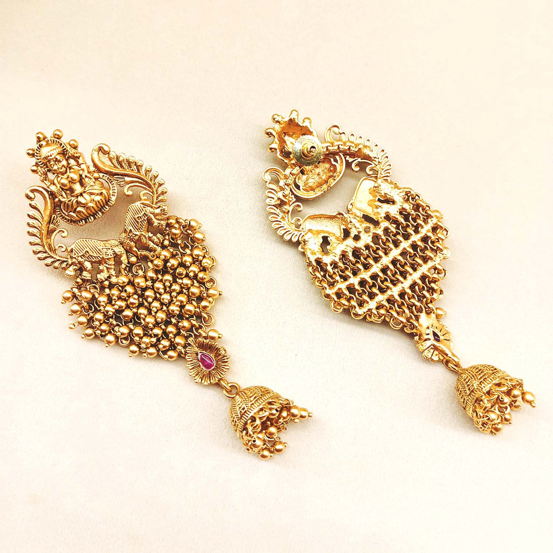 Mahima Ruby Stone Gold Plated Antique Temple Jhumki