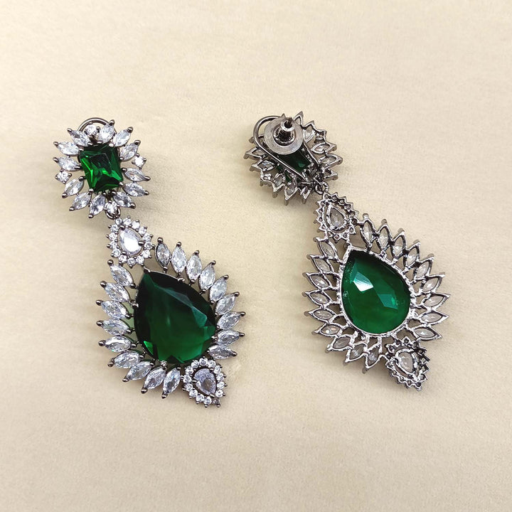 Eiravati Green Emerald Diamond Rhodium Plated Victorian Earrings