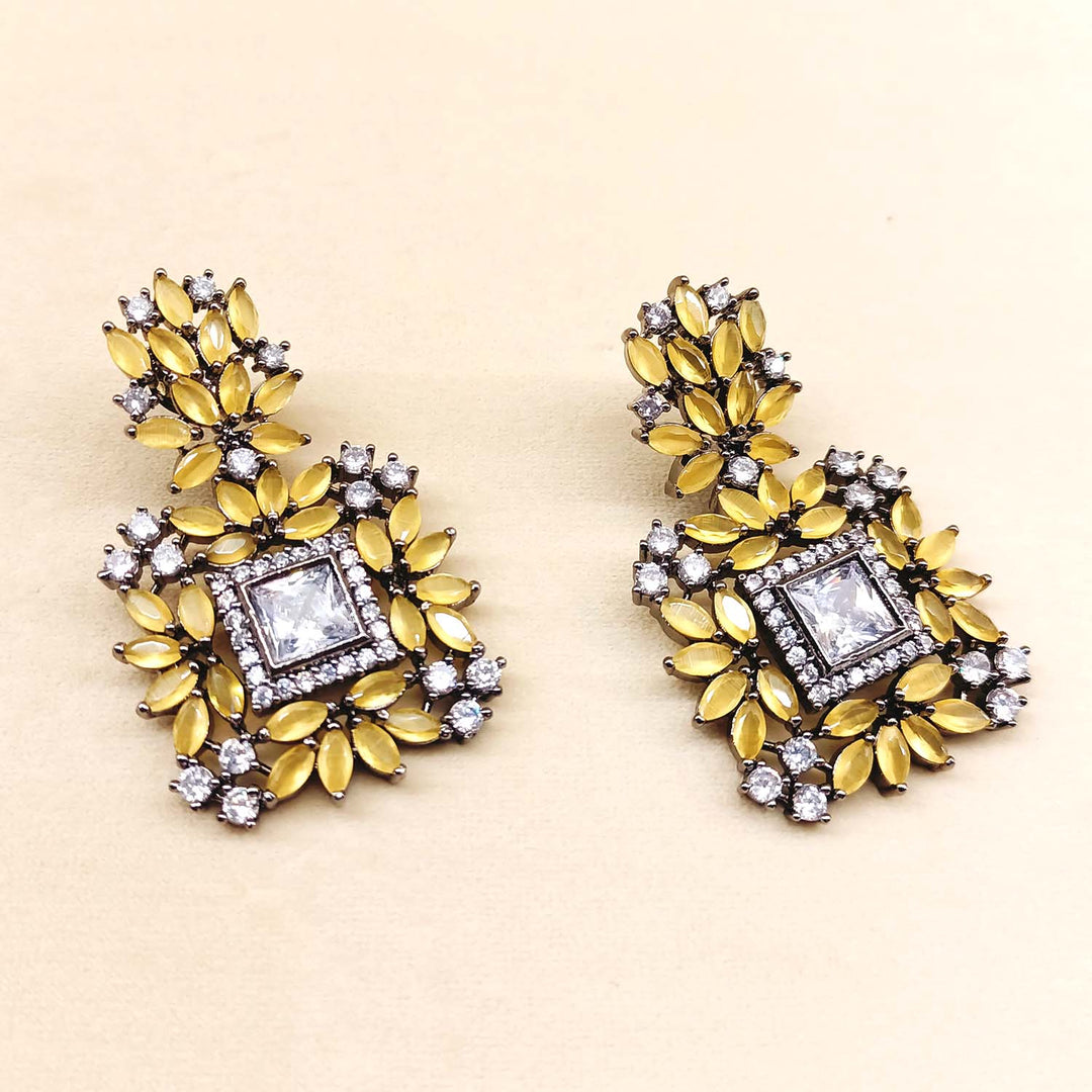 Charulata Diamond Work Rhodium Plated Mustard Yellow Victorian Earrings