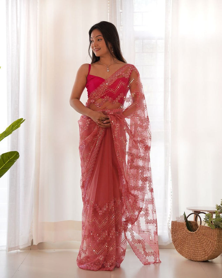 Heavy Butterfly Net With Embroidered Work Saree In Baby Pink Color - qivii