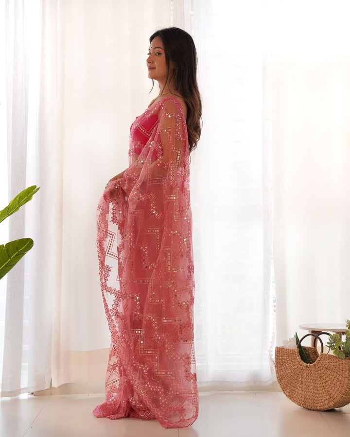 Heavy Butterfly Net With Embroidered Work Saree In Baby Pink Color - qivii