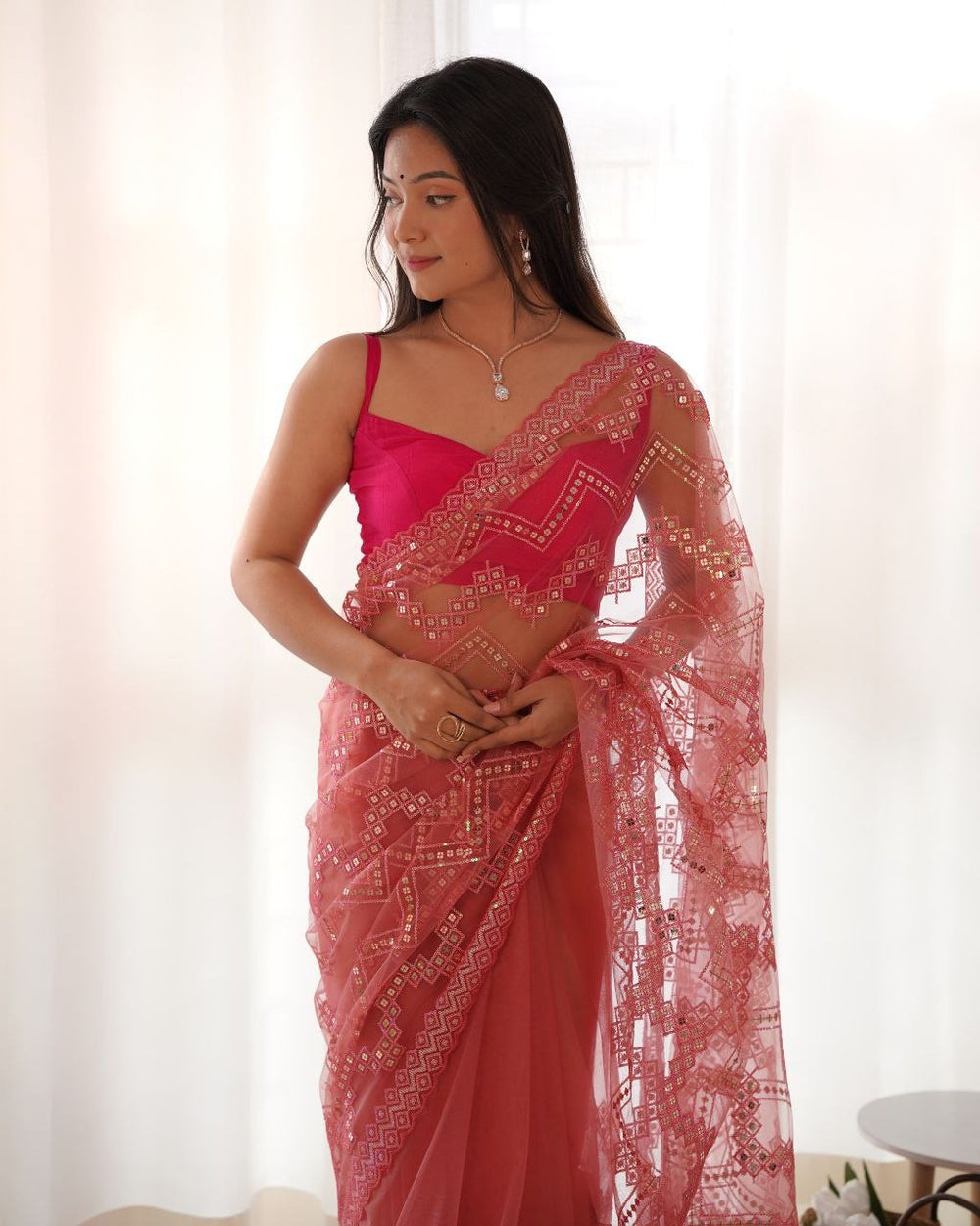 Heavy Butterfly Net With Embroidered Work Saree In Baby Pink Color - qivii