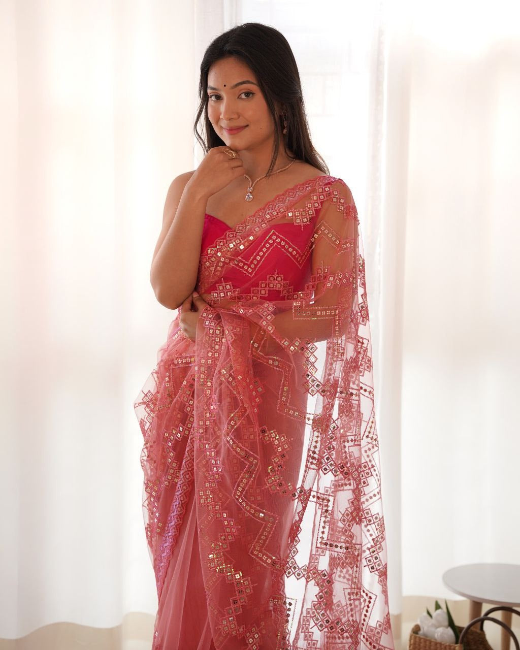 Heavy Butterfly Net With Embroidered Work Saree In Baby Pink Color - qivii