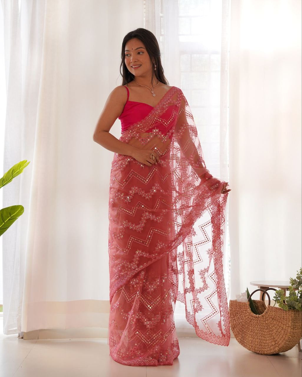 Heavy Butterfly Net With Embroidered Work Saree In Baby Pink Color - qivii