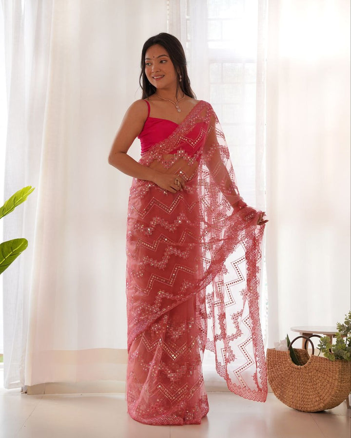 Heavy Butterfly Net With Embroidered Work Saree In Baby Pink Color - qivii