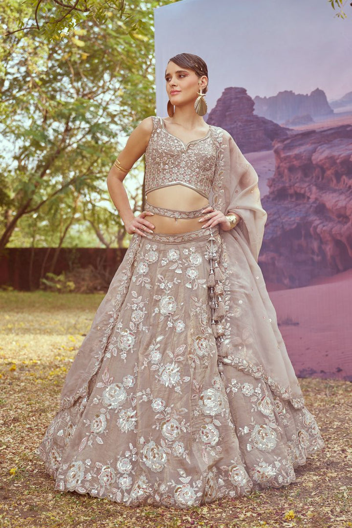 Beige Organza Sequins embroidery Semi-Stitched Lehenga choli & Dupatta