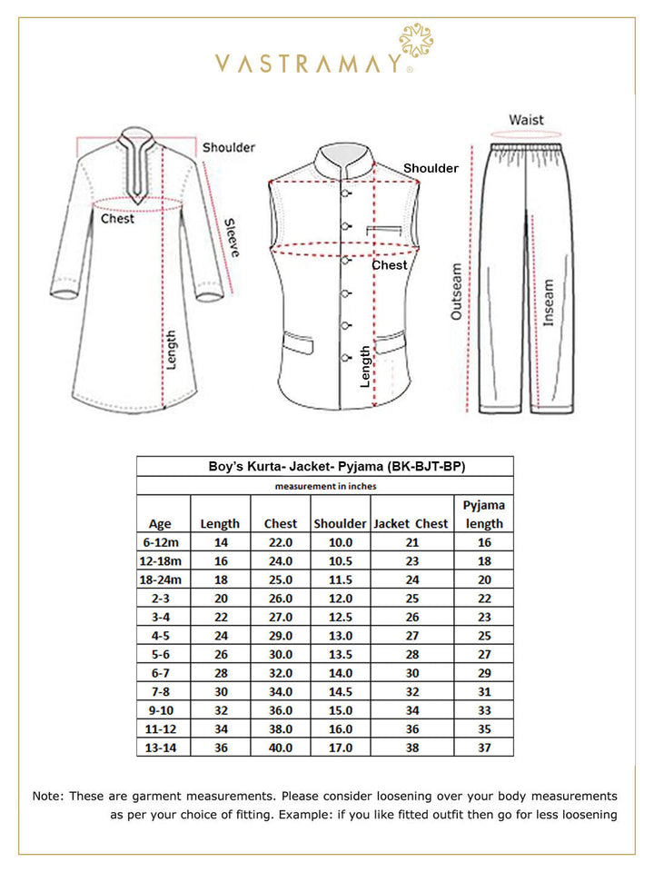 VASTRAMAY Boy's Light Green Woven Jacket With White Kurta and Pyjama Set