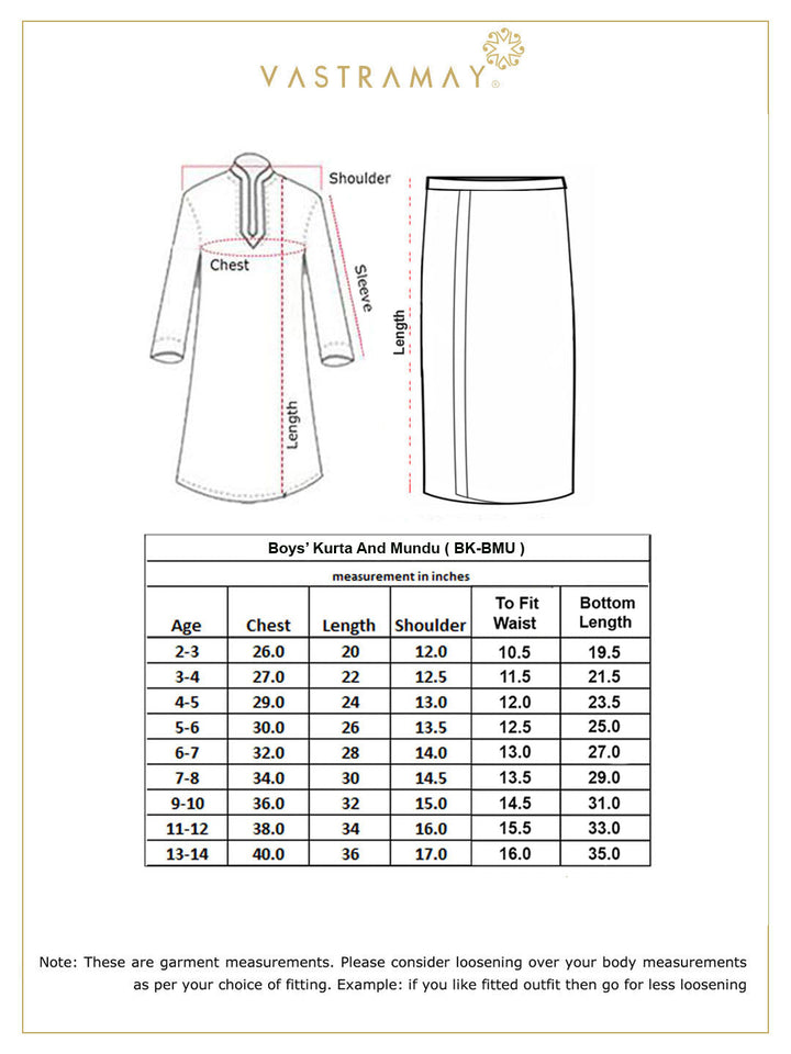 VASTRAMAY Boys' Green And White Kurta With Mundu Set