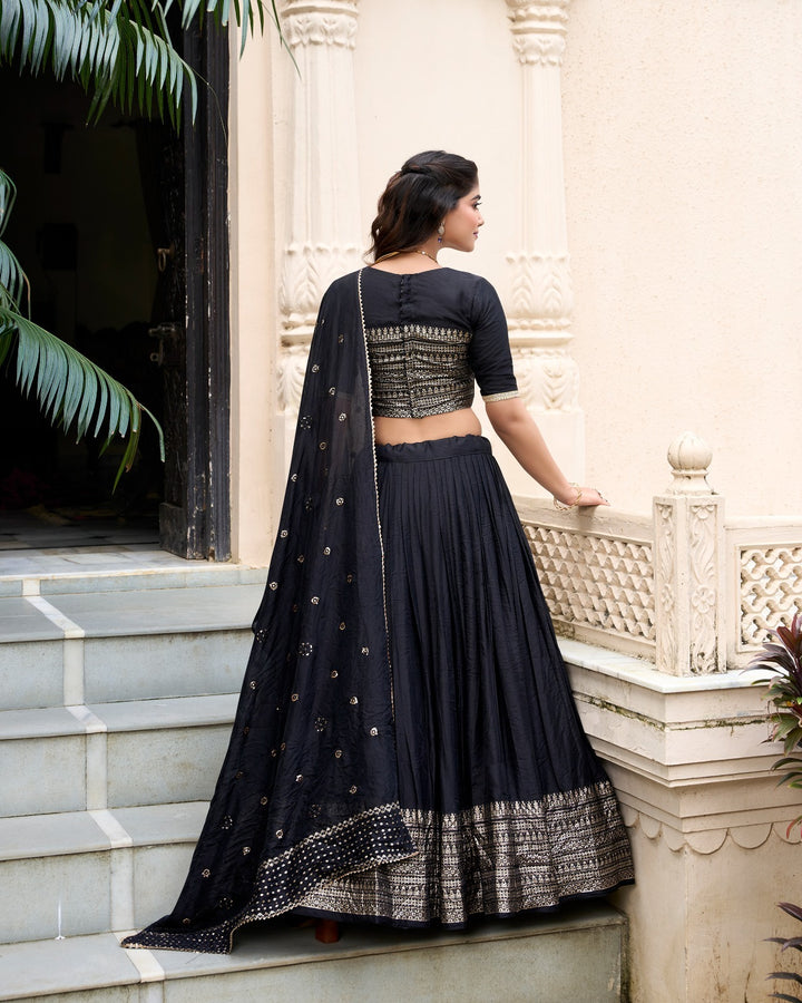 Indian ethnic wear black lehenga with pure chanderi fabric and zari border