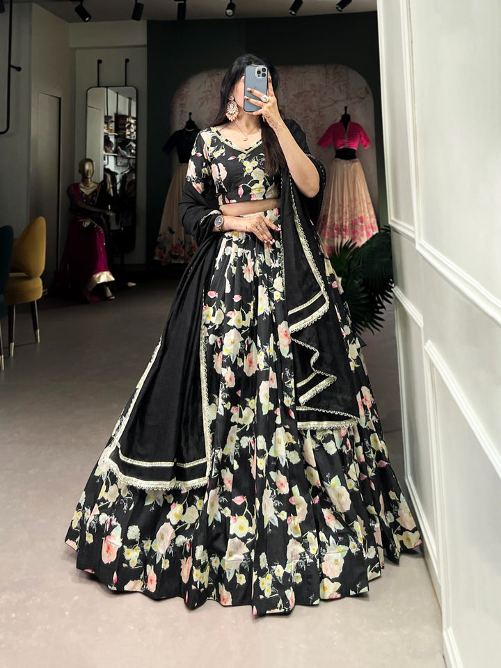 Black Tussar Silk Floral Print Drawstring with Zip Lehenga