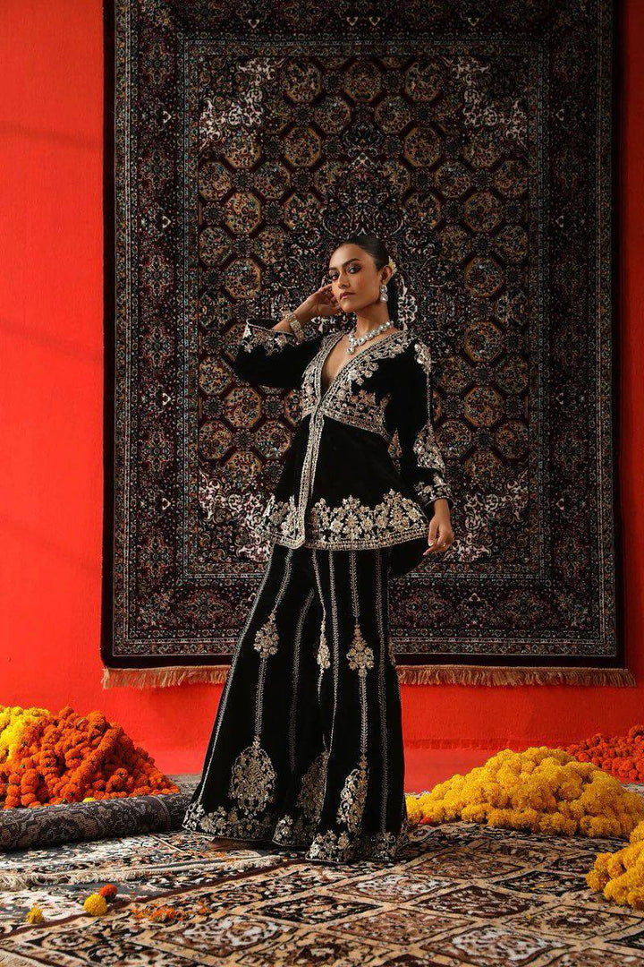 Stunning black viscose velvet plazzo suit with intricate sequin detailing