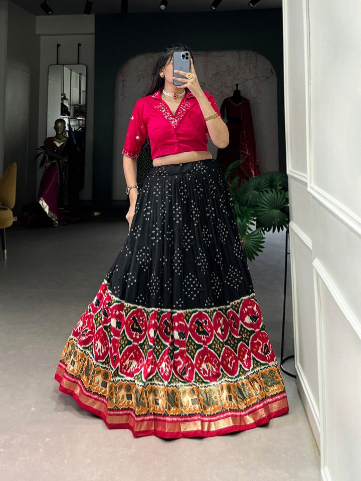 Black Tussar Silk Bandhej And Patola Print With Foil Work Lehenga