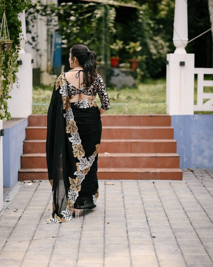 Black Sartin Chiffon Silk  Beautiful Designer jari Thread Embroidery work of Leaf 🍁 Design with Cutwork Border Saree - INSPIRED