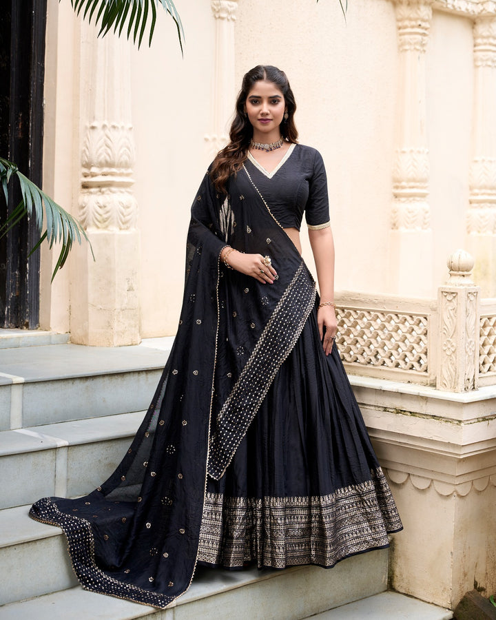 Black Pure Chanderi Plain With Zari Weaving Work Border Lehenga