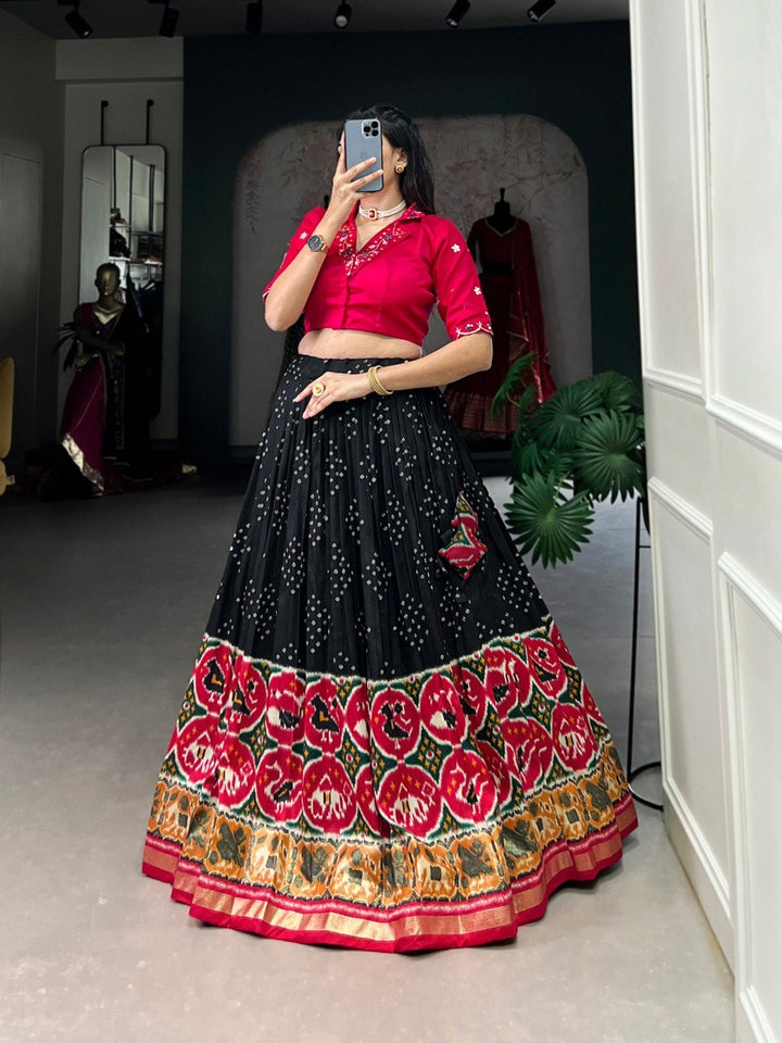 Black Tussar Silk Bandhej And Patola Print With Foil Work Lehenga