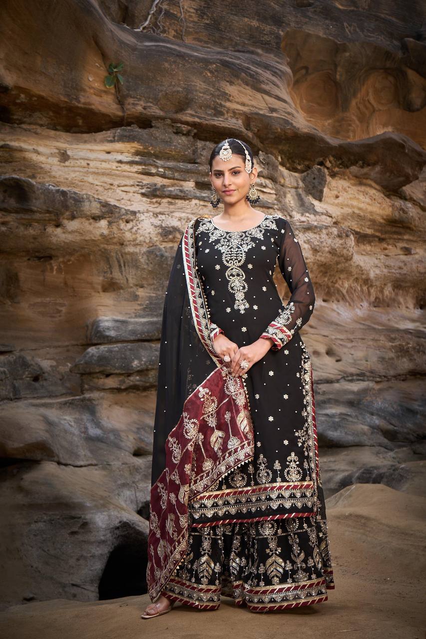 Black Foux Gorgette Micro Thread  with Sequnce with Rivet moti with fancy lace broder Sharara Suit