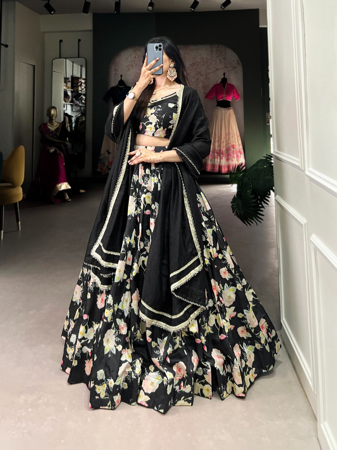 Black Tussar Silk Floral Print Drawstring with Zip Lehenga