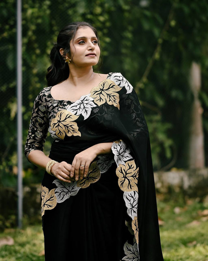 Black Sartin Chiffon Silk  Beautiful Designer jari Thread Embroidery work of Leaf 🍁 Design with Cutwork Border Saree - INSPIRED