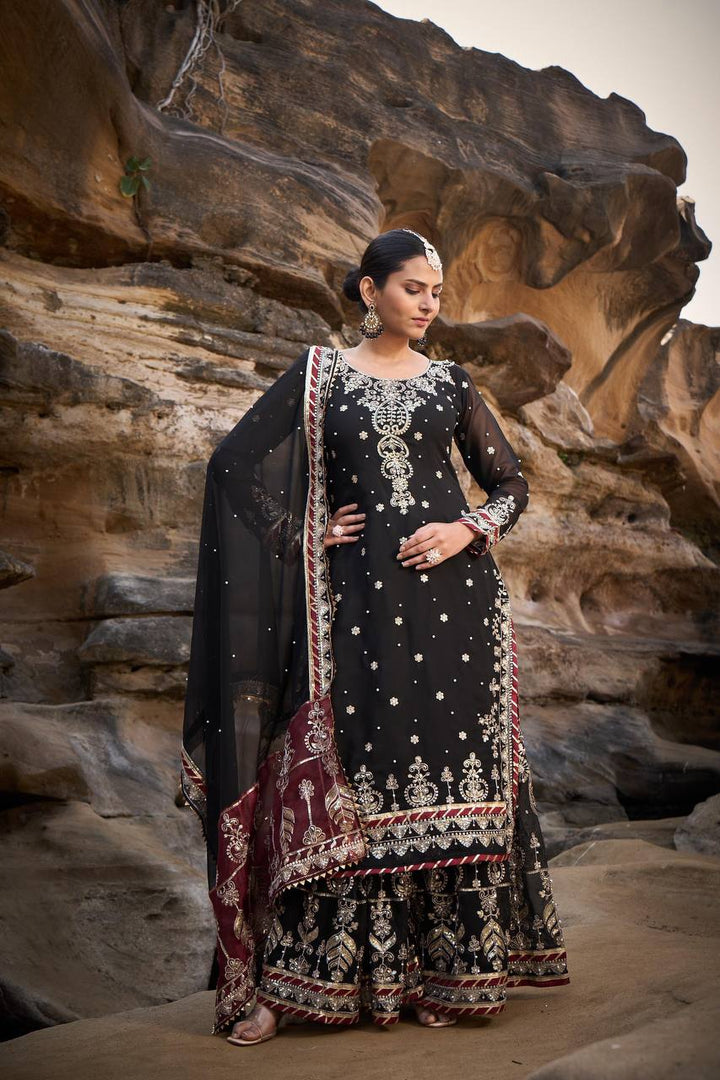 Black Foux Gorgette Micro Thread  with Sequnce with Rivet moti with fancy lace broder Sharara Suit