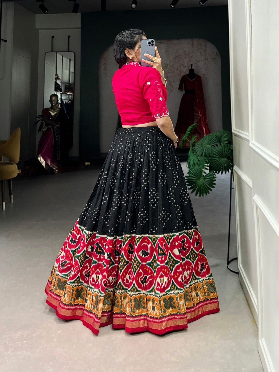 Black Tussar Silk Bandhej And Patola Print With Foil Work Lehenga