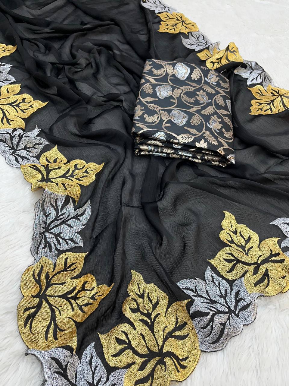 Black Sartin Chiffon Silk  Beautiful Designer jari Thread Embroidery work of Leaf 🍁 Design with Cutwork Border Saree - INSPIRED