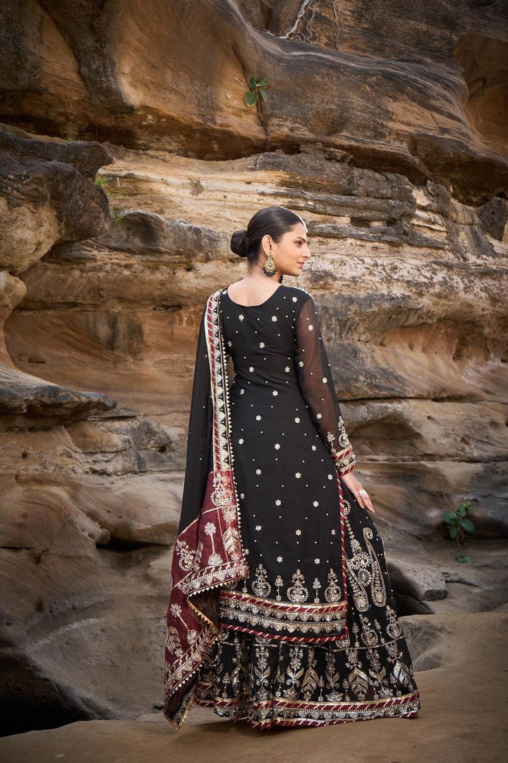 Black Foux Gorgette Micro Thread  with Sequnce with Rivet moti with fancy lace broder Sharara Suit