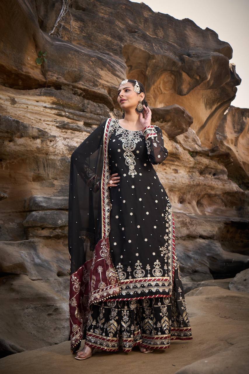 Black Foux Gorgette Micro Thread  with Sequnce with Rivet moti with fancy lace broder Sharara Suit