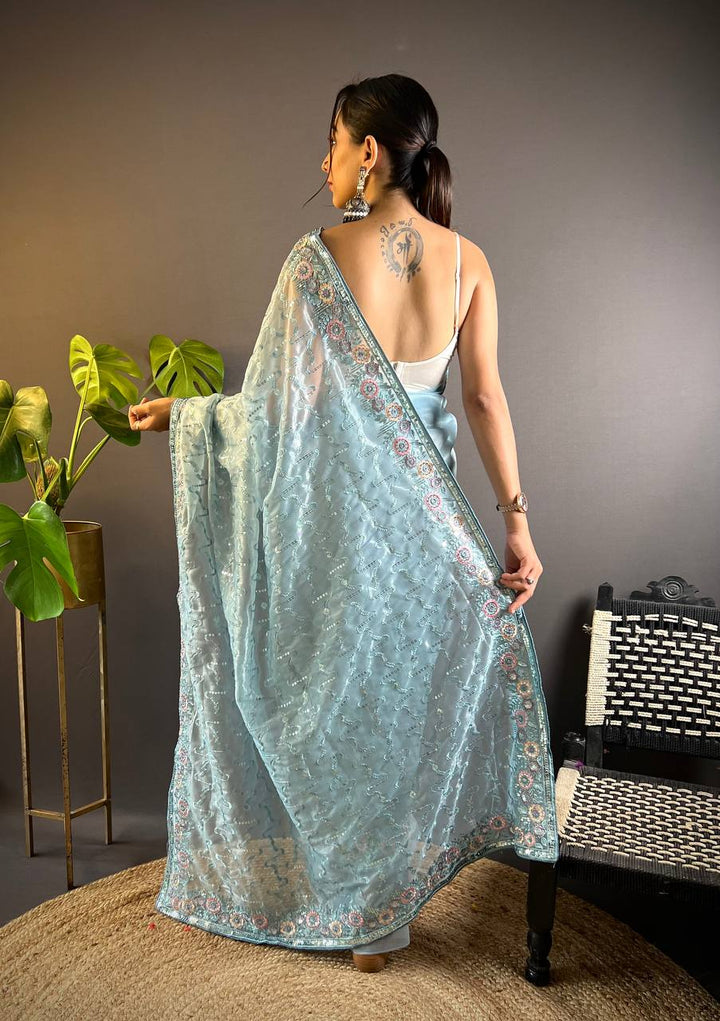 Blue Heavy Twill Net Designer Thread & Sequence Embroidery Work Saree