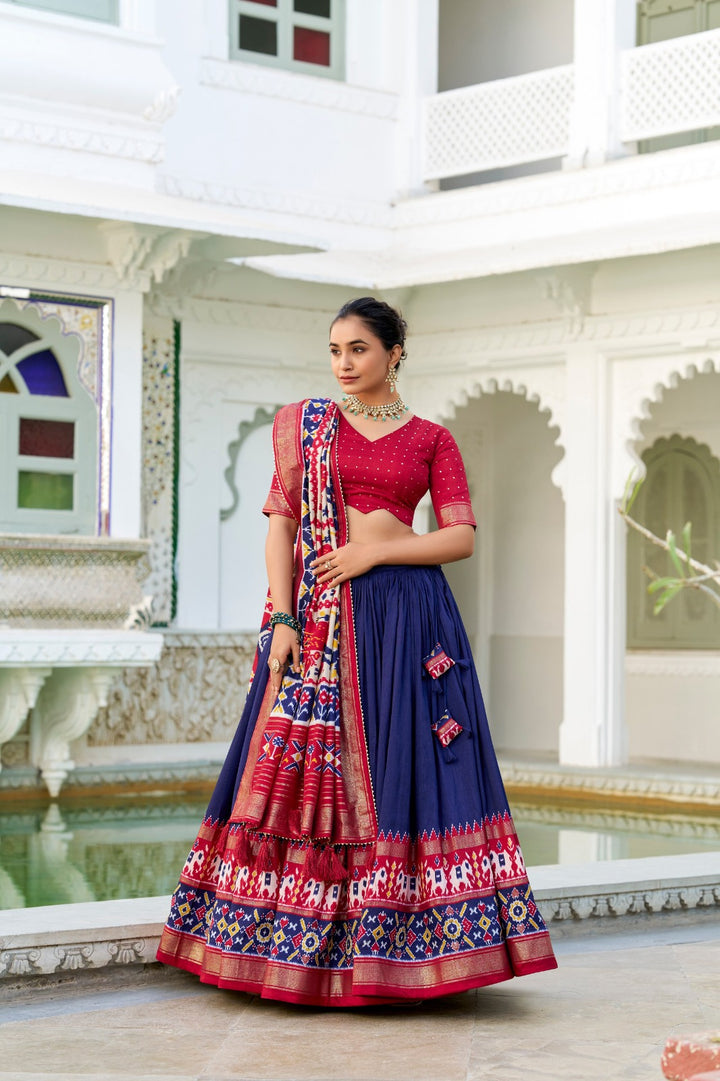 Blue Tussar Silk Patola Print With foil work Lehenga