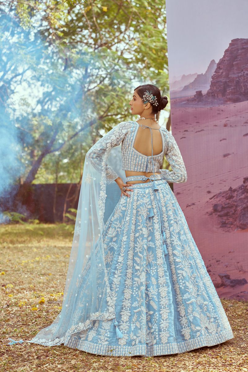 Sky Blue Organza Sequins embroidery Semi-Stitched Lehenga choli & Dupatta