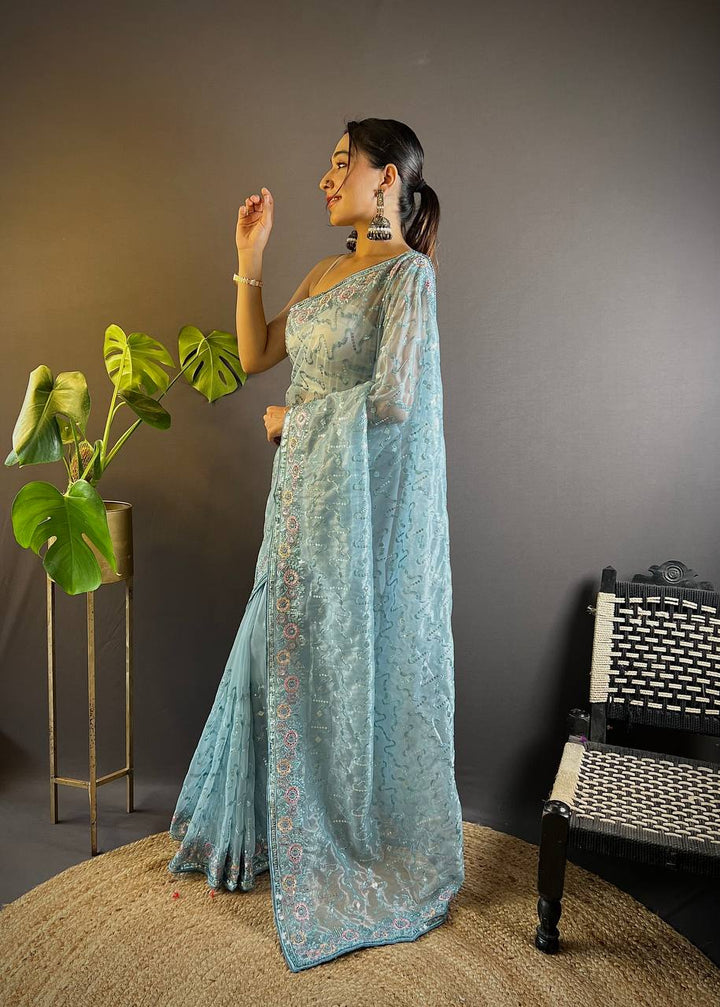 Blue Heavy Twill Net Designer Thread & Sequence Embroidery Work Saree