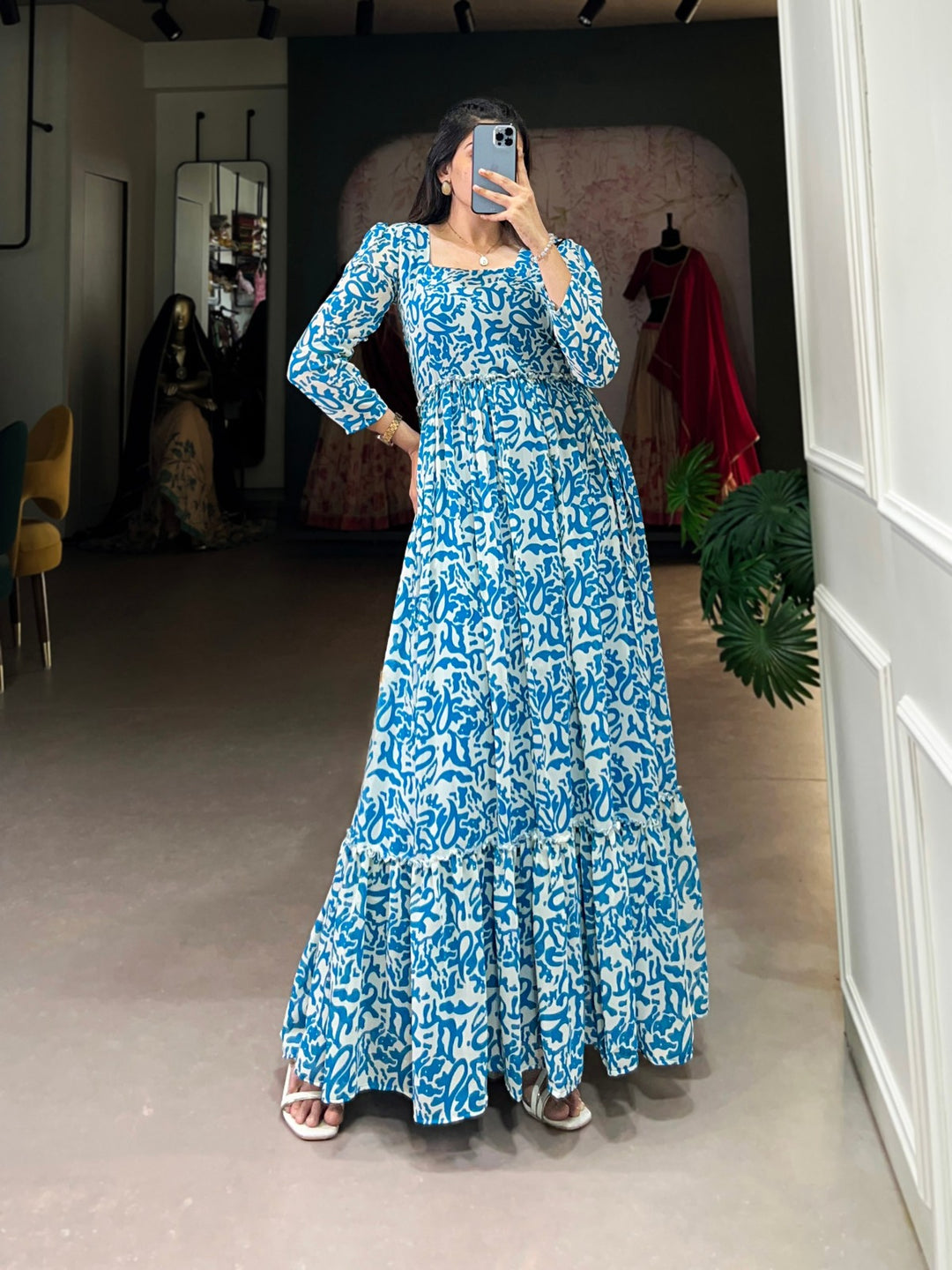 Blue Georgette flowy, and printed Gown