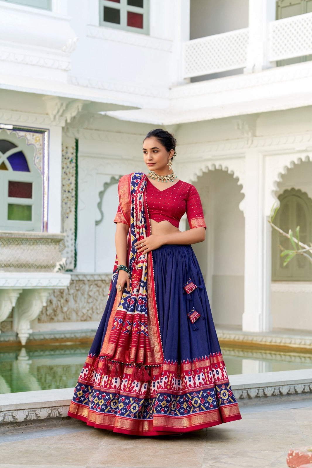 Blue Tussar Silk Patola Print With foil work Lehenga