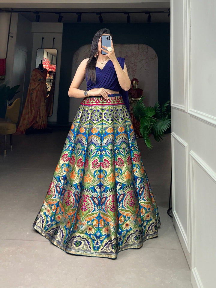 Blue Banarasi silk Zari Weaving Work Lehenga with intricate floral patterns