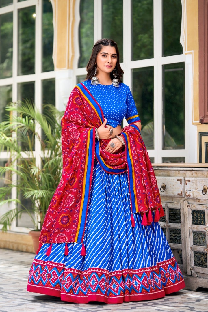 Red Blue Tussar Silk Leheriya With Patola Print Border Lehenga