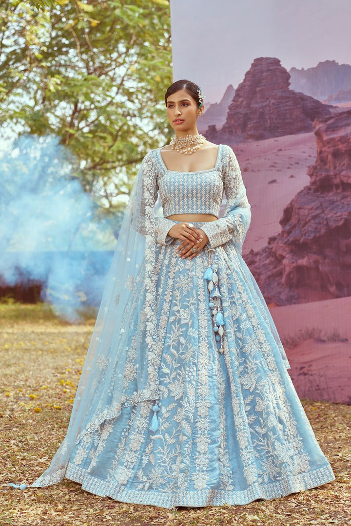 Sky Blue Organza Sequins embroidery Semi-Stitched Lehenga choli & Dupatta