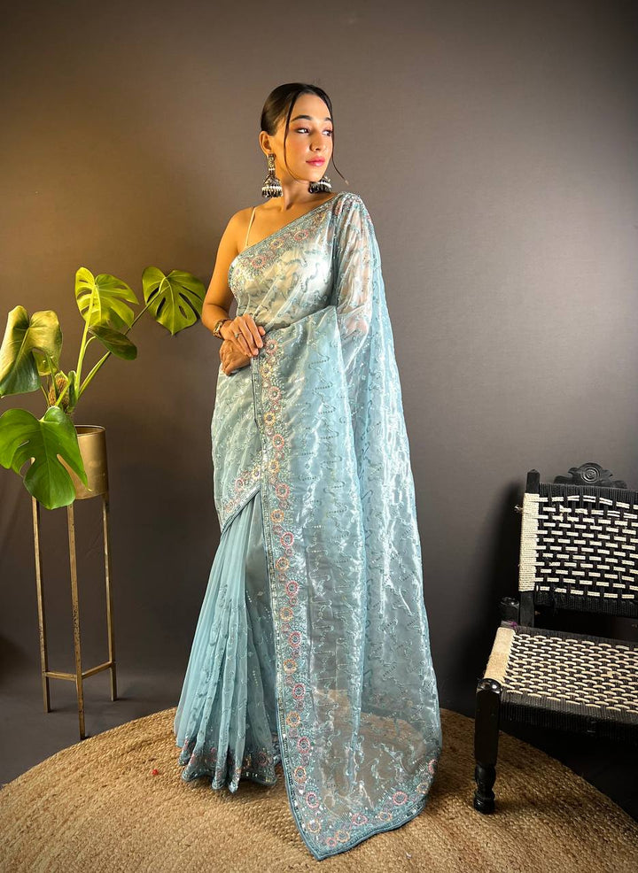 Blue Heavy Twill Net Designer Thread & Sequence Embroidery Work Saree