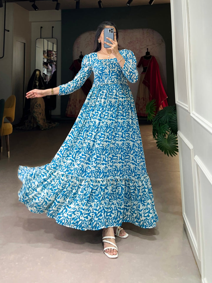 Blue Georgette flowy, and printed Gown