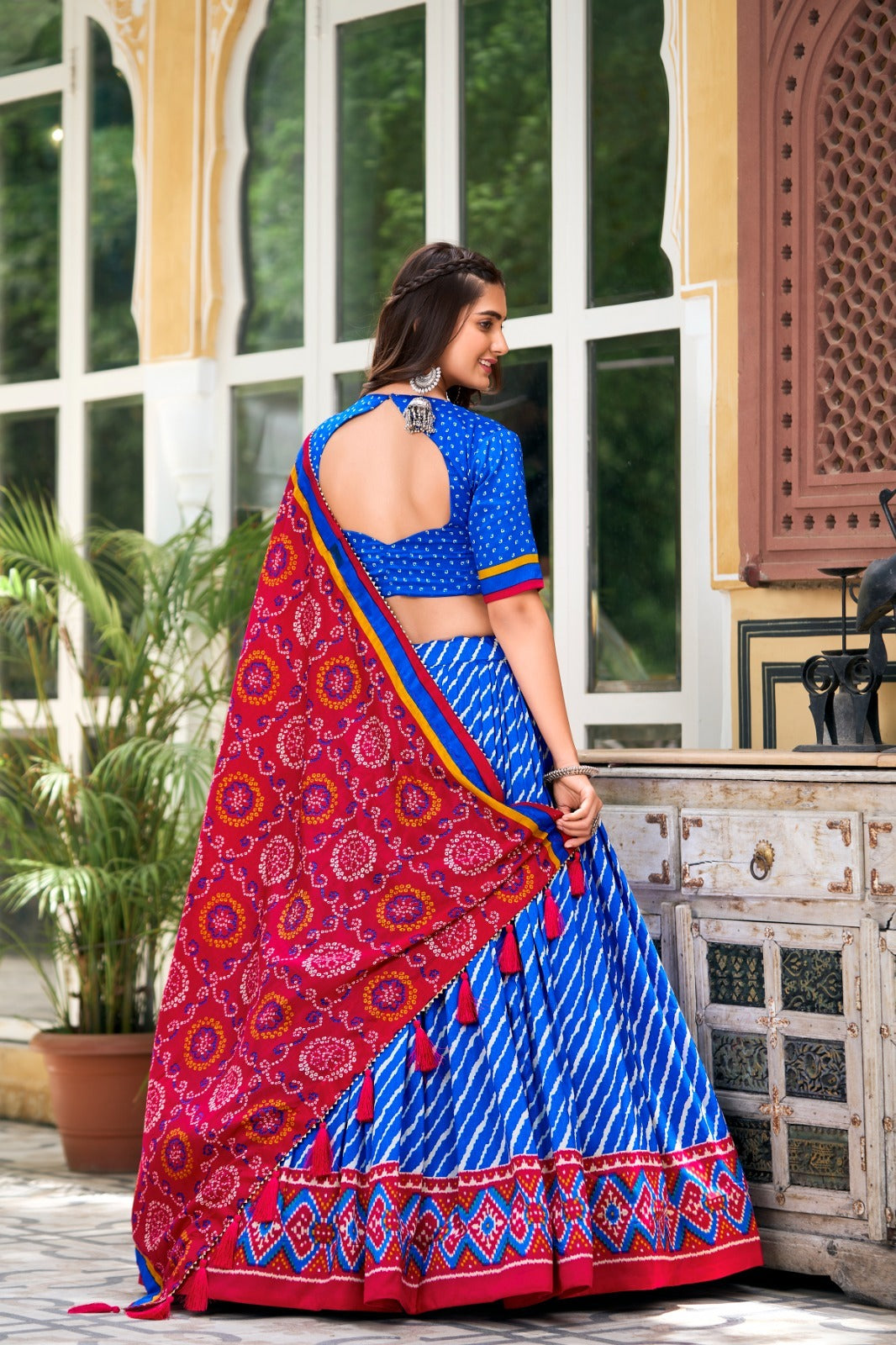 Red Blue Tussar Silk Leheriya With Patola Print Border Lehenga