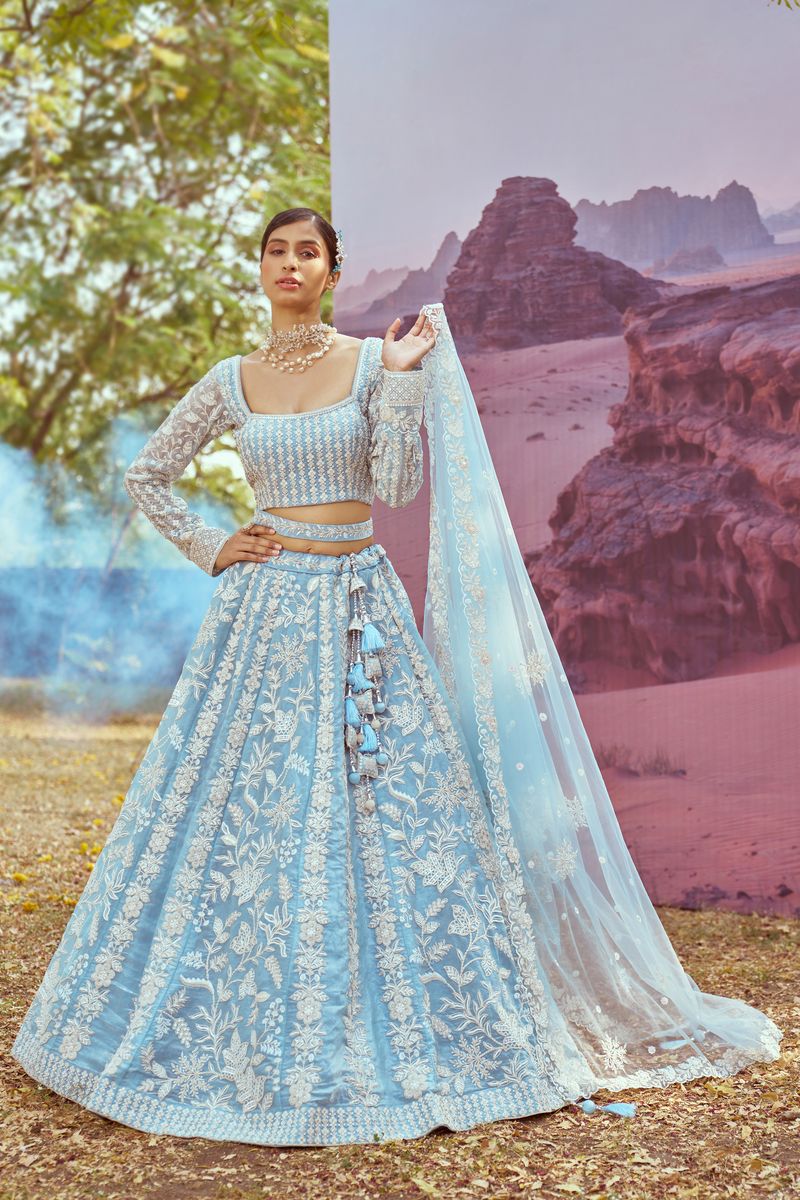 Sky Blue Organza Sequins embroidery Semi-Stitched Lehenga choli & Dupatta